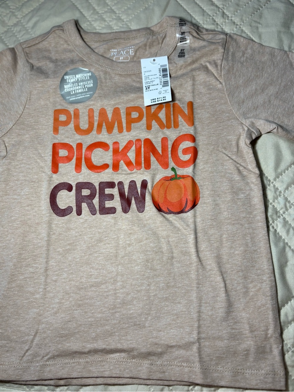 Children's Place 3T Pumpkin Picking Crew Short Sleeve Graphic Tee